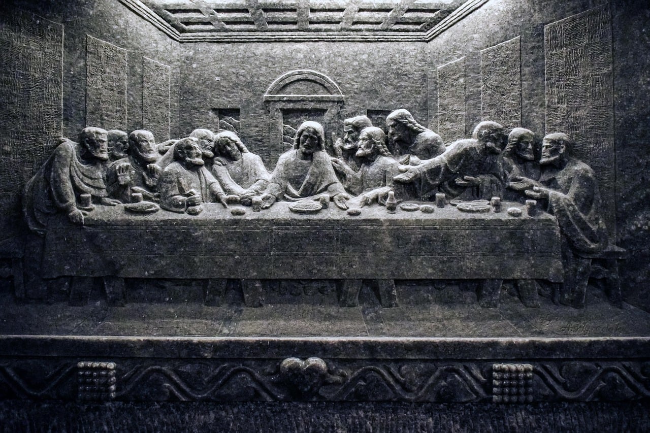 Relief of the Last Supper carved in rock salt inside Wieliczka Salt Mine