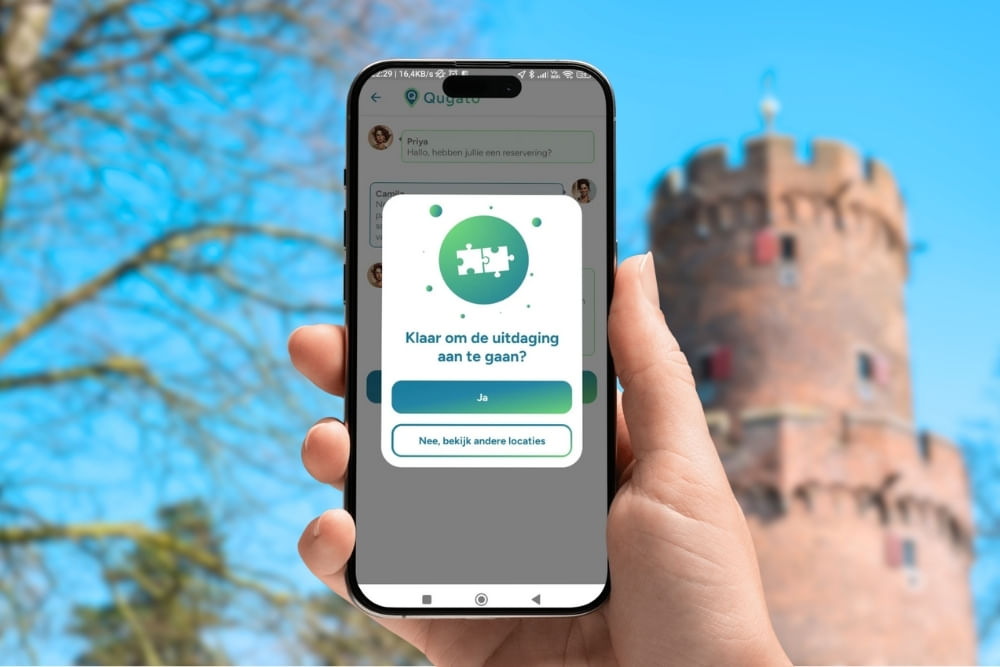 Phone showing the app interface of the Nijmegen City Detective game.
