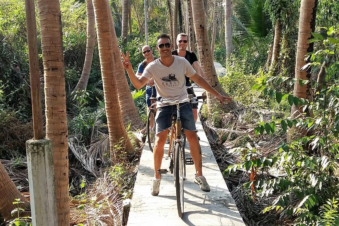 Bicycle lane between the coconut trees.