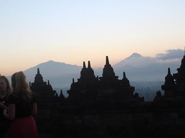 Volcanoes view at dawn time from Borobudur temple