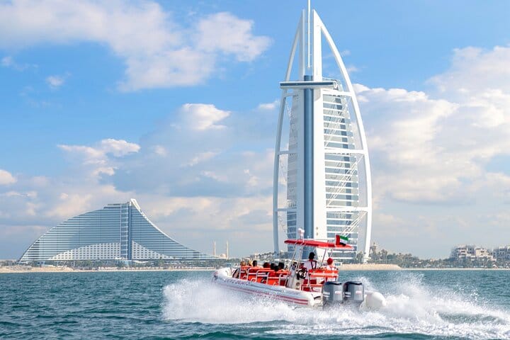 The ultimate photo op with the icons! Zoom past the magnificent Burj Al Arab and Jumeirah Beach Hotel on the thrilling Dubai Speedboat: Iconic Marina to Atlantis Adventure Ride!