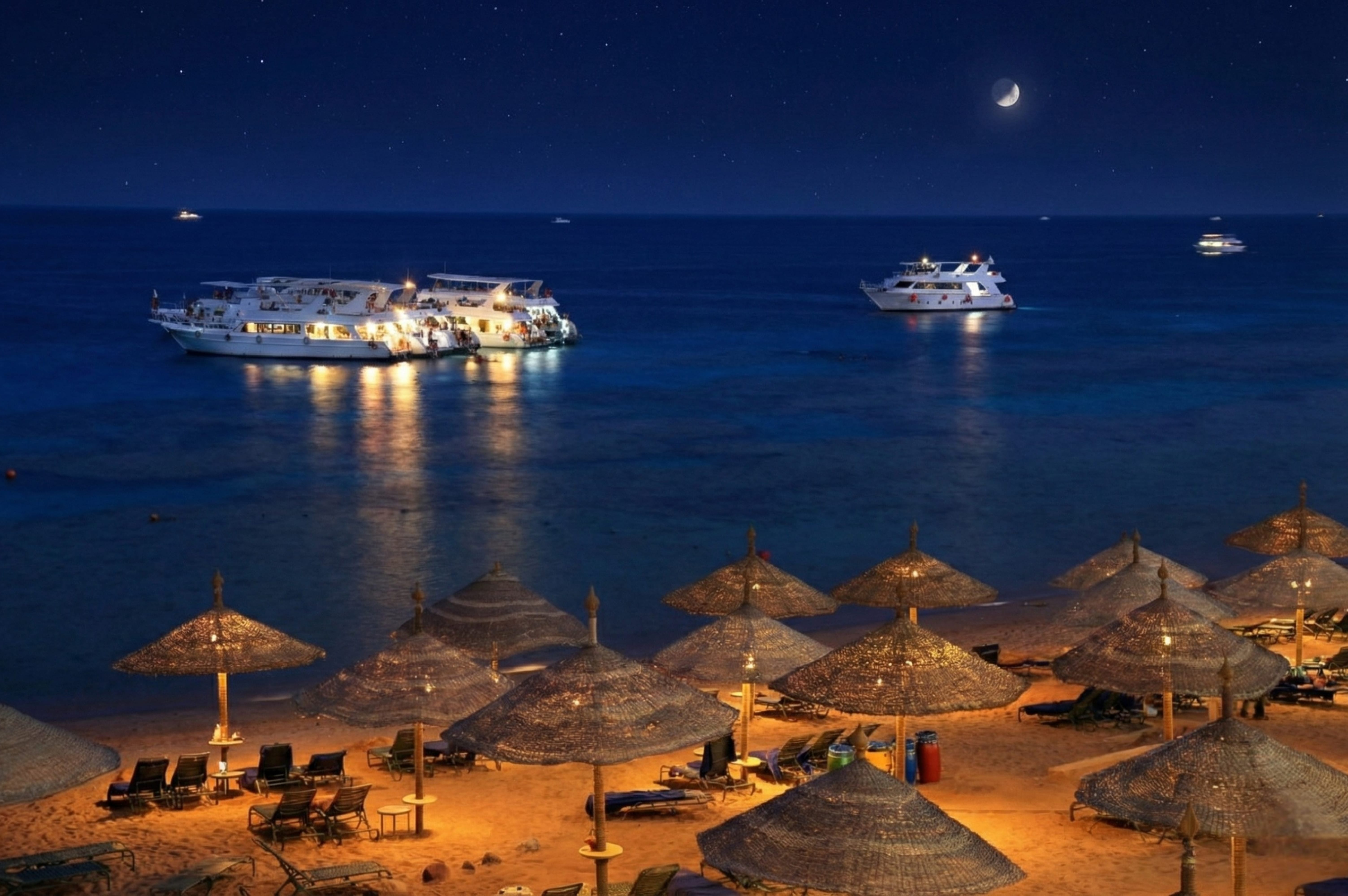 Straw beach umbrellas and lounge chairs on the sand at night, illuminated by warm lights with tour boats in the dark blue sea.