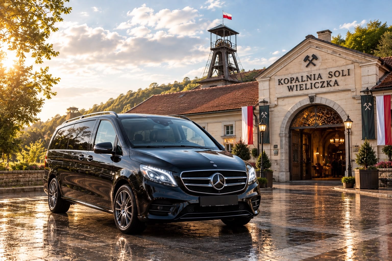 Private transfer vehicle parked outside the Wieliczka Salt Mine entrance