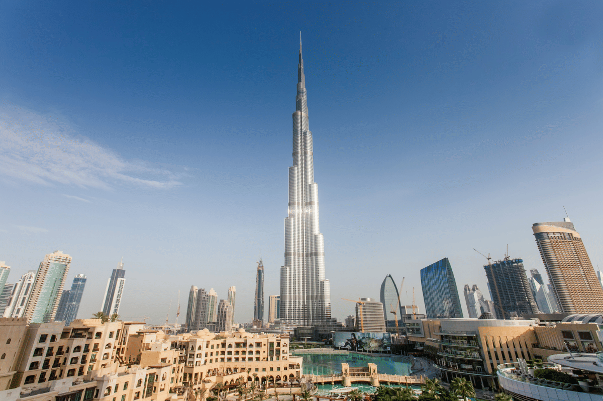 View of the Burj Khalifa and the Dubai skyline during daytime