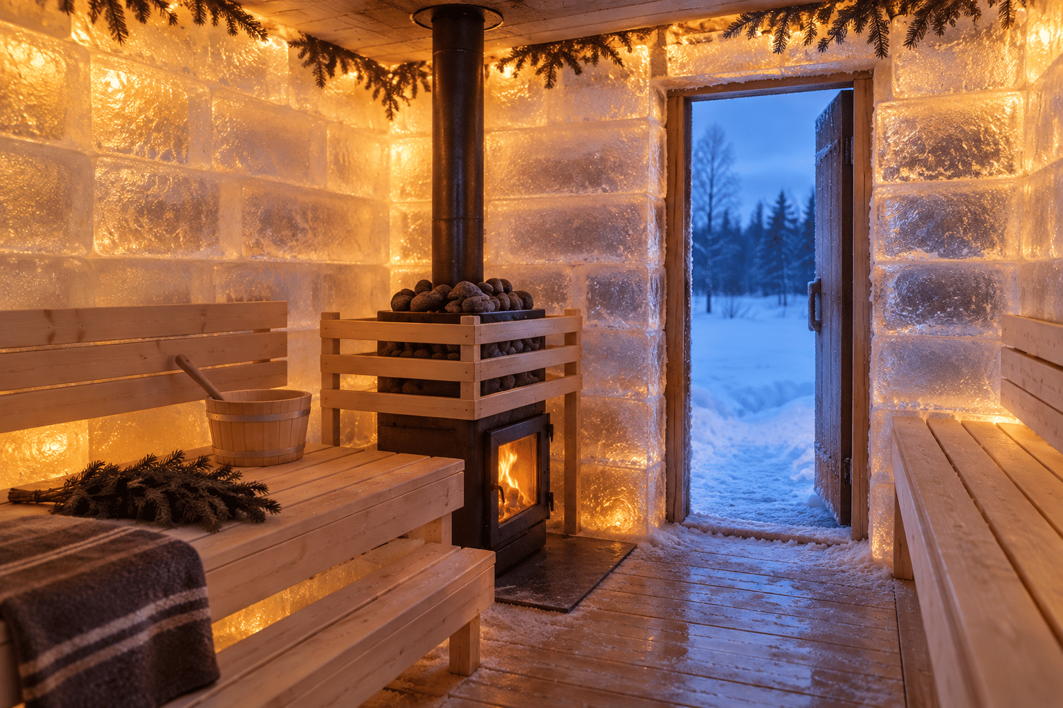 Interior of a glowing ice-block sauna with wooden benches and a wood-burning stove in Levi