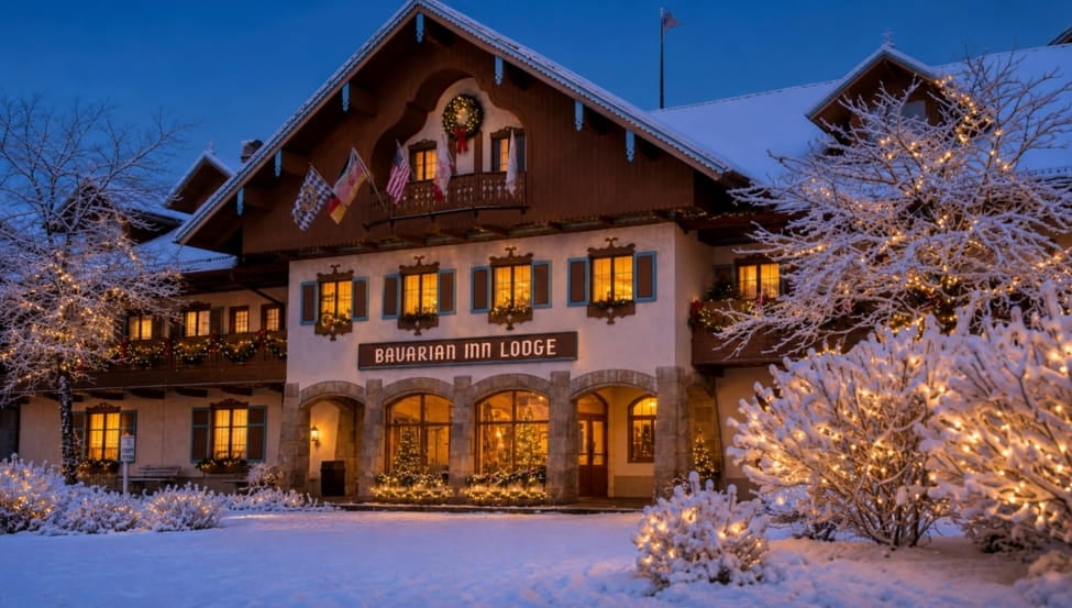 Snow-covered Bavarian-style hotel building with festive decorations and winter trees outside the Bavarian Inn Lodge.