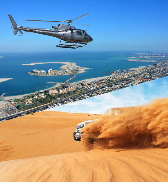 Tour en helicóptero de 12 minutos por el cielo y la arena de Dubái con traslado en coche privado y safari nocturno por el desierto con todoterreno compartido