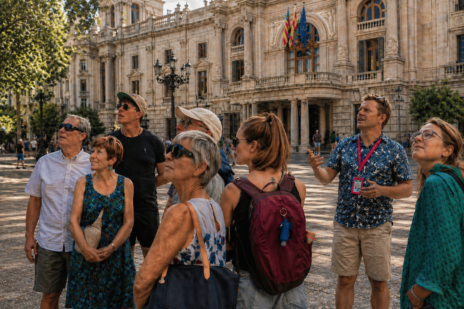 Group of tourists with a guide exploring a historic square during a Valencia city walking tour in Spain