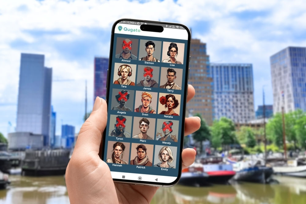 App interface of the suspect board of the scavenger hunt City Detective.