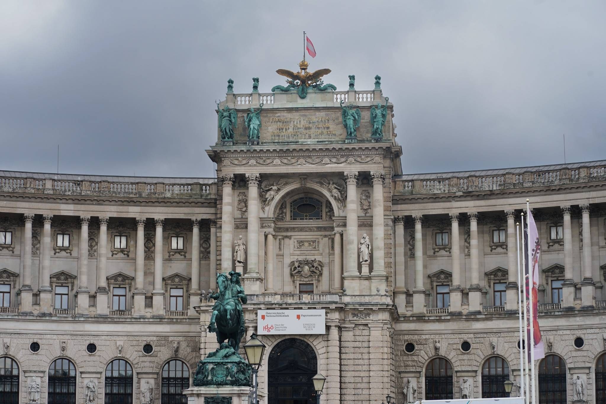 Front view of Hofburg Palace’s Neue Burg wing with equestrian statue