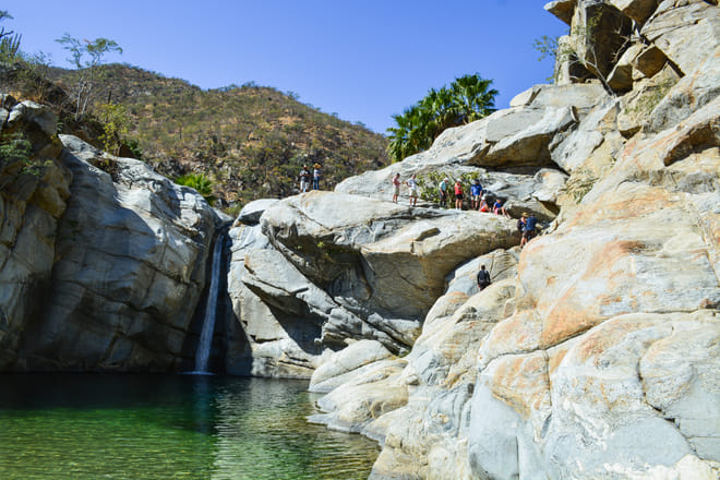 Fox canyon waterfall hike los cabos santiago baja california sur canyon cliffs natural pool desert hiking