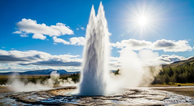 A high-pressure eruption of hot water bursting from the Strokkur geyser, steaming geothermal landscape of the Geysir on the Golden Circle.
