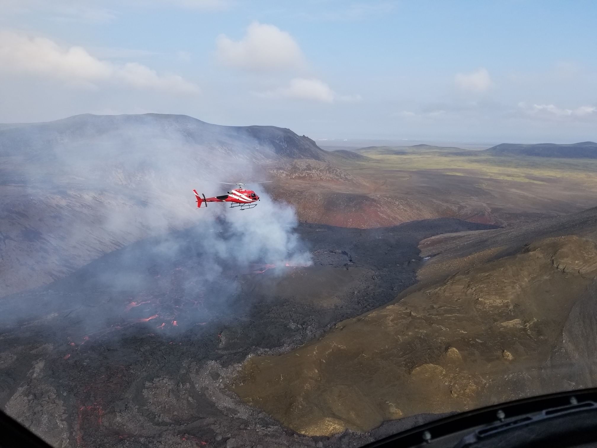 Helicopter flying over 2023 Volcanic eruption
