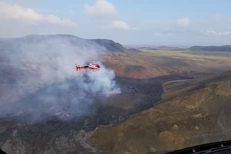 Helicopter flying over 2023 Volcanic eruption