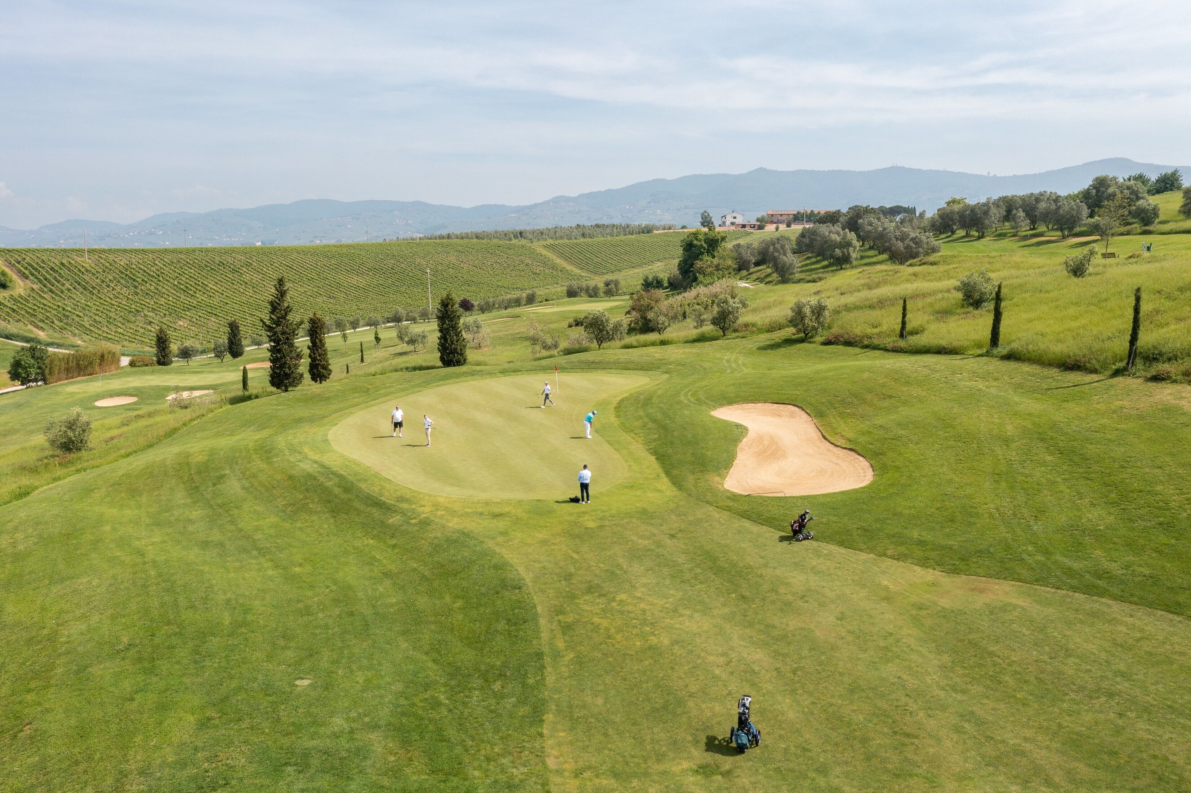 Golf course with its green grass dotted with golf sacks