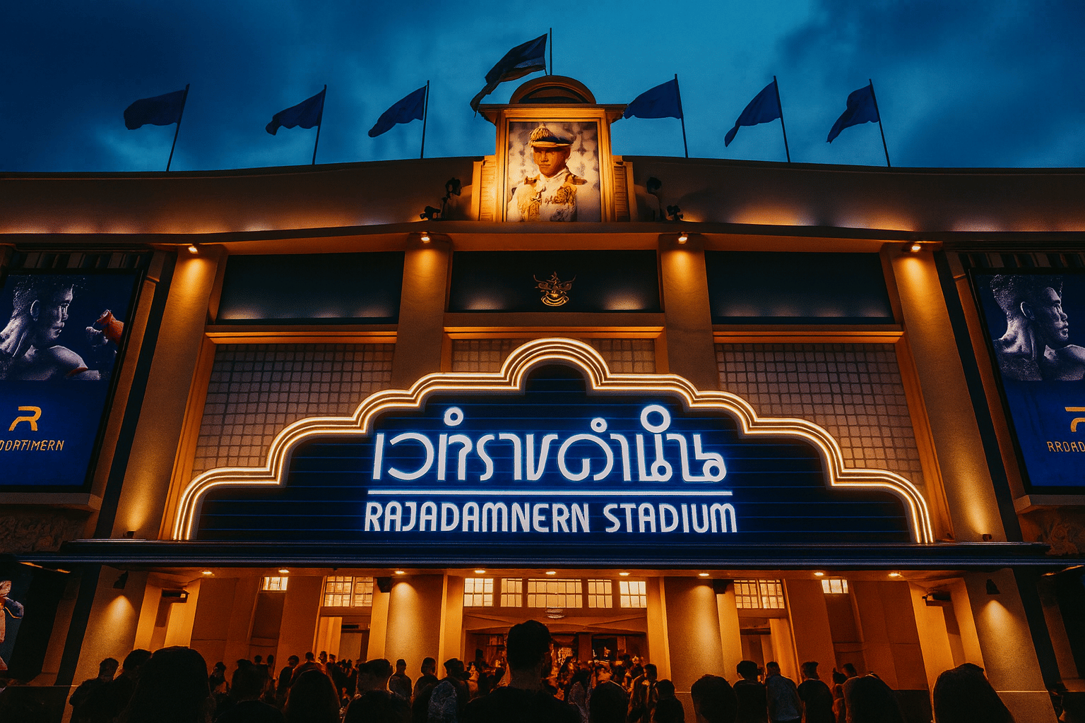 rajadamnern stadium entrance at night for rws rajadamnern world series muay thai bangkok