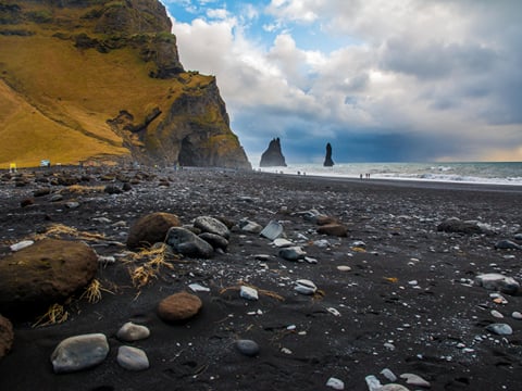 Reynisdrangar sea stacks at Reynisfjara black sand beach