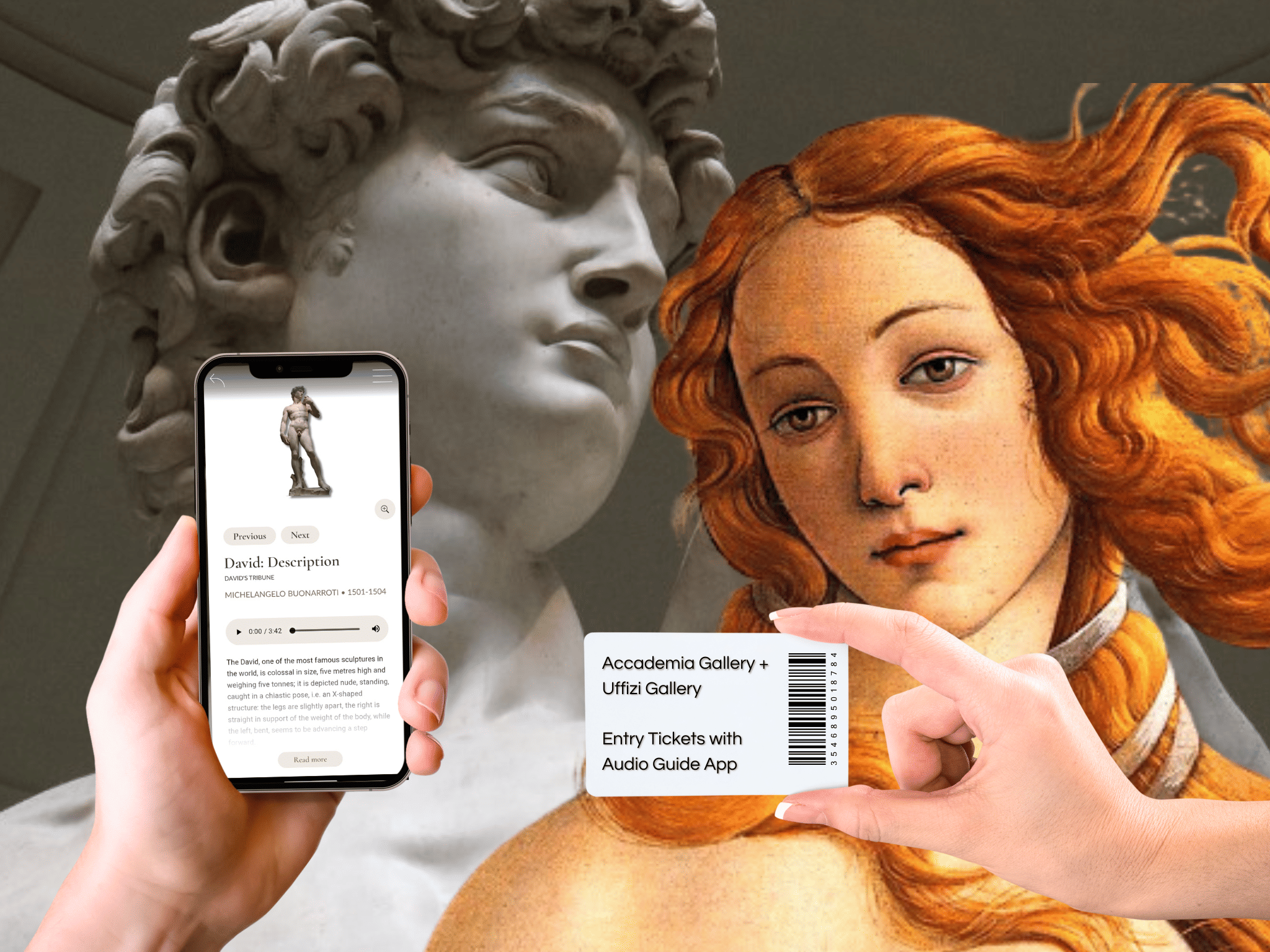 Ticket and Digital Audioguide displayed on smartphone with Michelangelo's David and Botticelli's Venus in the background 