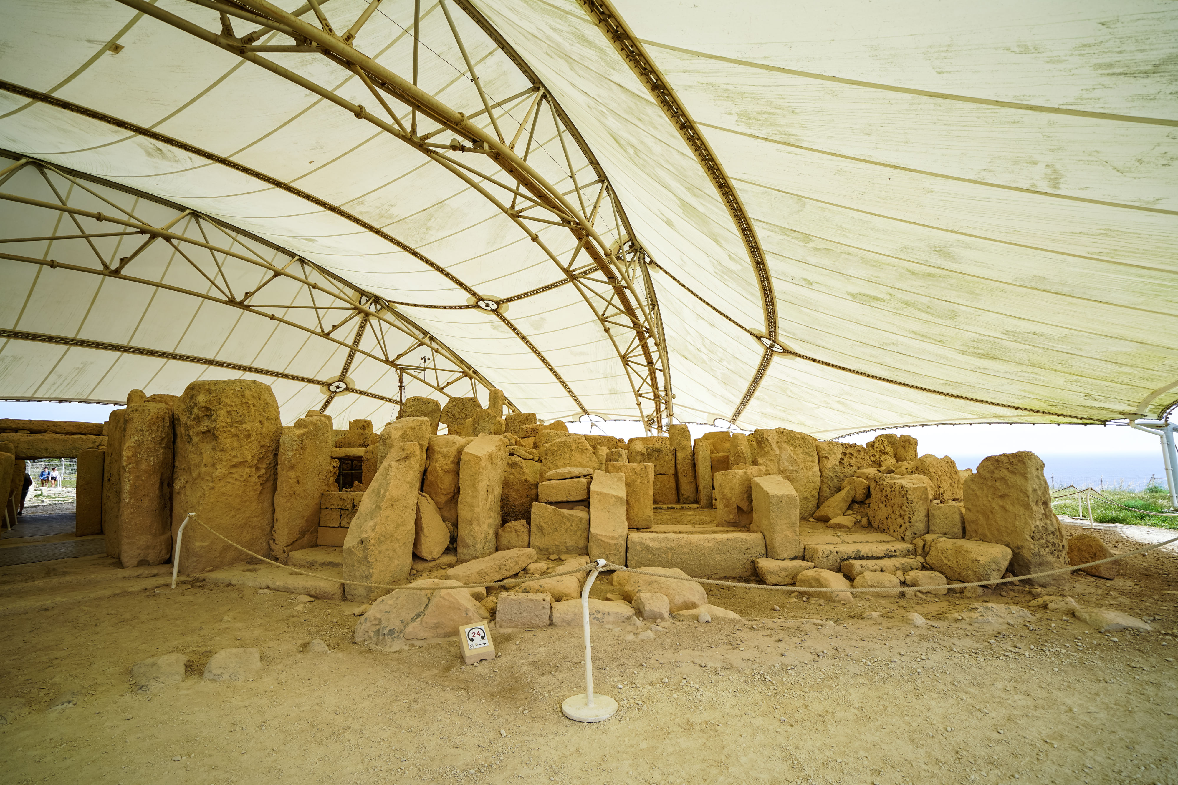 Megalithic complex of Hagar Qim is located atop a hill on the southern edge of the Island