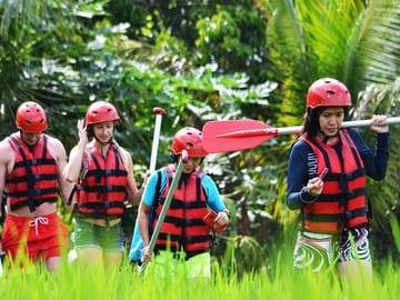 walk to the river through verdant rice fields