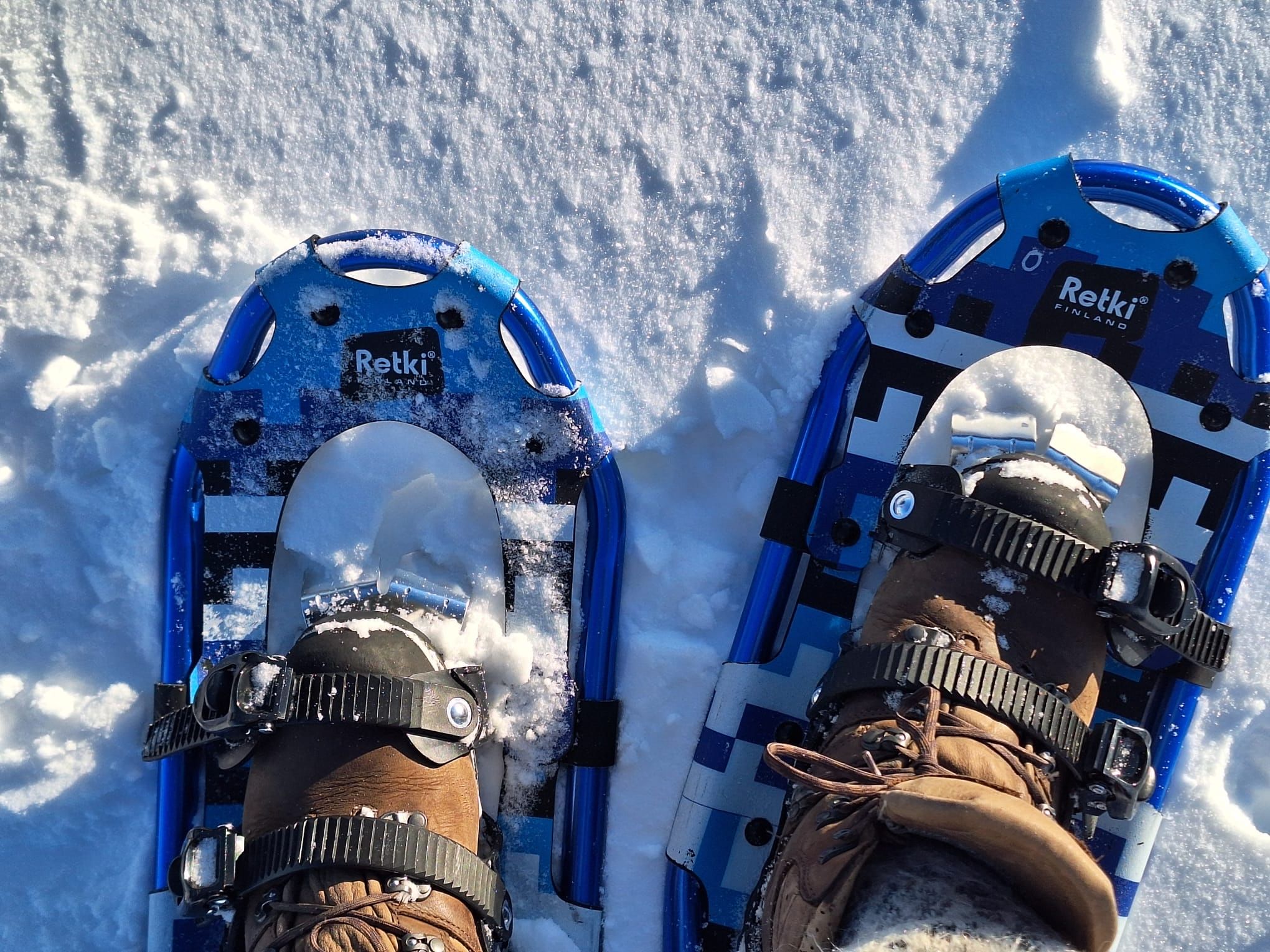 Close-up of a person wearing blue snowshoes on fresh snow, ready to explore the Arctic wilderness.