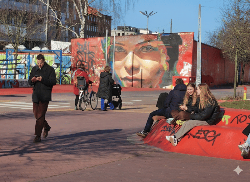 Sunny Nørrebro street, with locals and cyclists in Copenhagen.