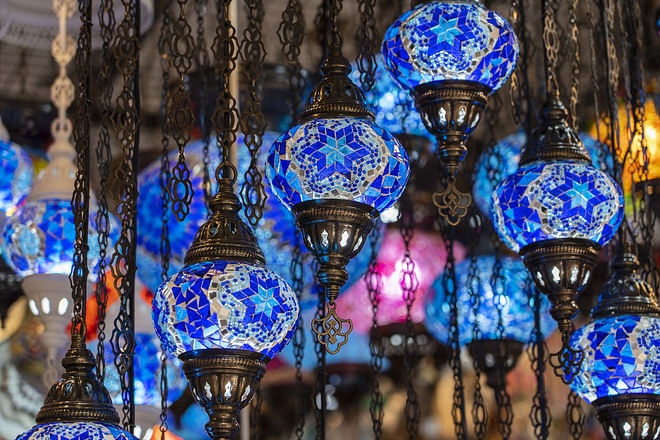Colorful turkish glass lamps for sale at the street market in Bodrum, Turkey.