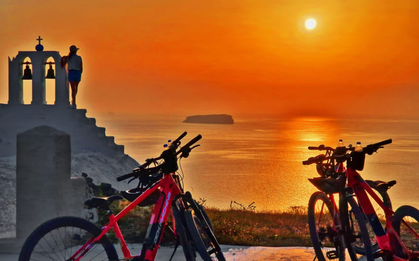 E-bikes overlooking the sea at sunset