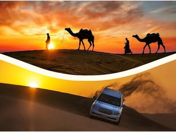 Sunset Desert Safari, Dune Bashing, camel ride, sand boarding, inland sea visit by Falcon Toutrs Doha - Qatar