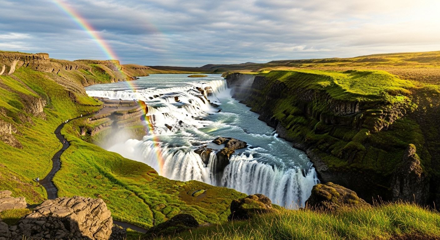 A wide, multi-tiered waterfall cascading down a rugged canyon, with rainbow arcing over the misty spray, the iconic beauty of Gullfoss.