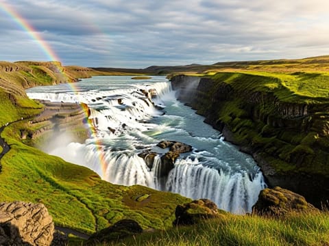 A wide, multi-tiered waterfall cascading down a rugged canyon, with rainbow arcing over the misty spray, the iconic beauty of Gullfoss.