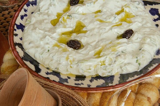 Lunch is paired with a multi-course wine tasting (meze style) - Tzatiziki pictured here