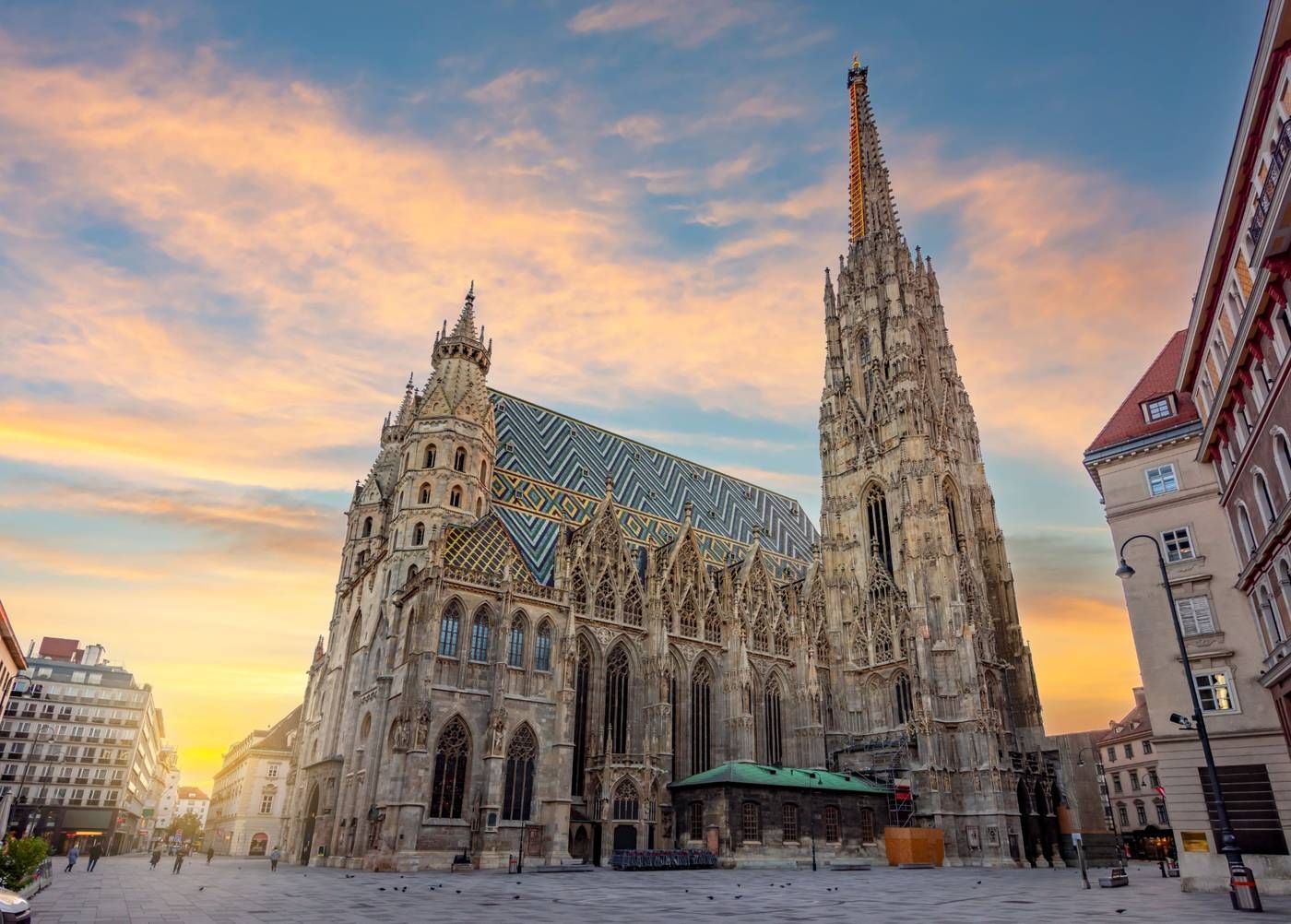 St. Stephen’s Cathedral, Gothic landmark in Vienna, Austria, with patterned roof at sunset