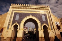 Bab Boujloud (Blue Gate), emblematic entrance to the medina of Fez, famous for its Arab-Andalusian architecture and blue mosaics, classified as a UNESCO World Heritage Site.