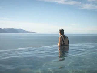 Close-up of bathers in GeoSea Baths pools