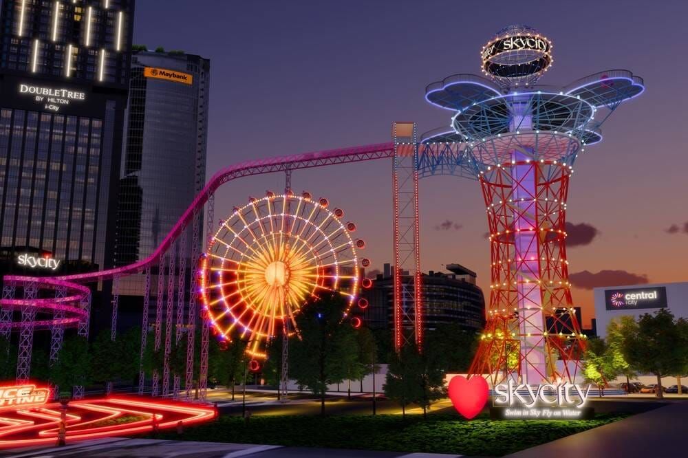 استمتع بإطلالة خلّابة من أعلى عجلة فيريس المضيئة في آي-سِتي شاه علم، حيث السحر والجمال يلتقيان في أضواء الليل.