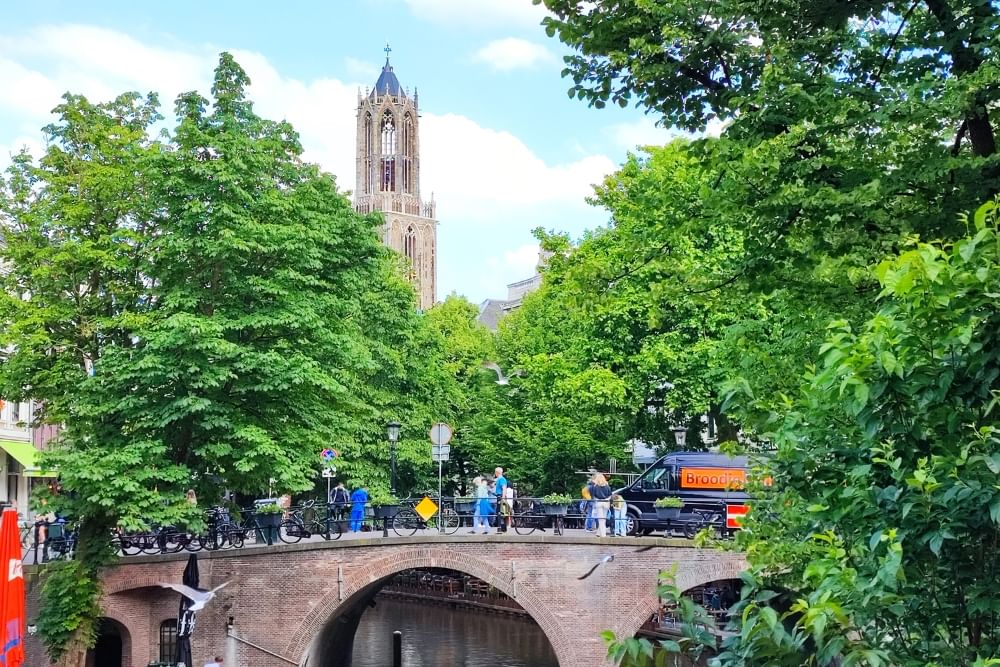 Early morning light at Dom Tower along the route of the Utrecht scavenger hunt City Detective.