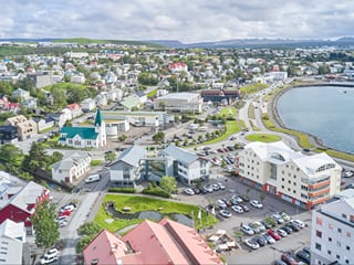 Aerial view of residential areas and coastline