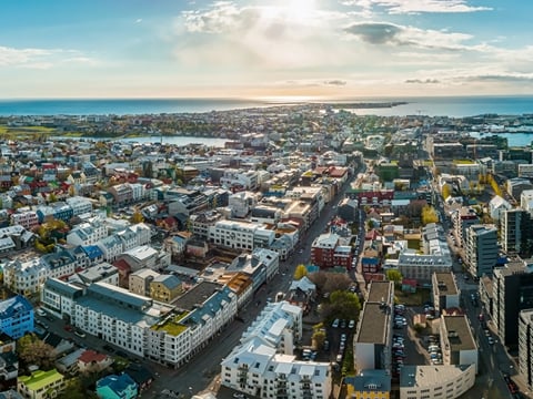 Aerial view of Reykjavik City with downtown Reykjavik in the focus.