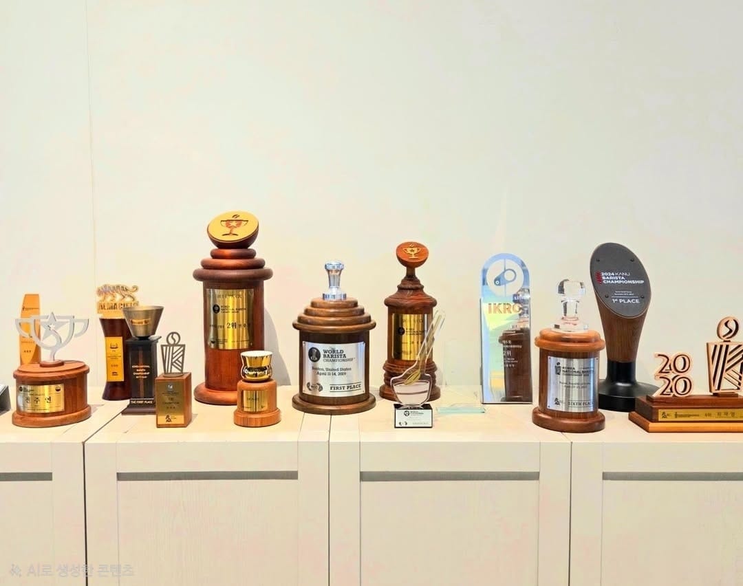 Numerous barista championship trophies.