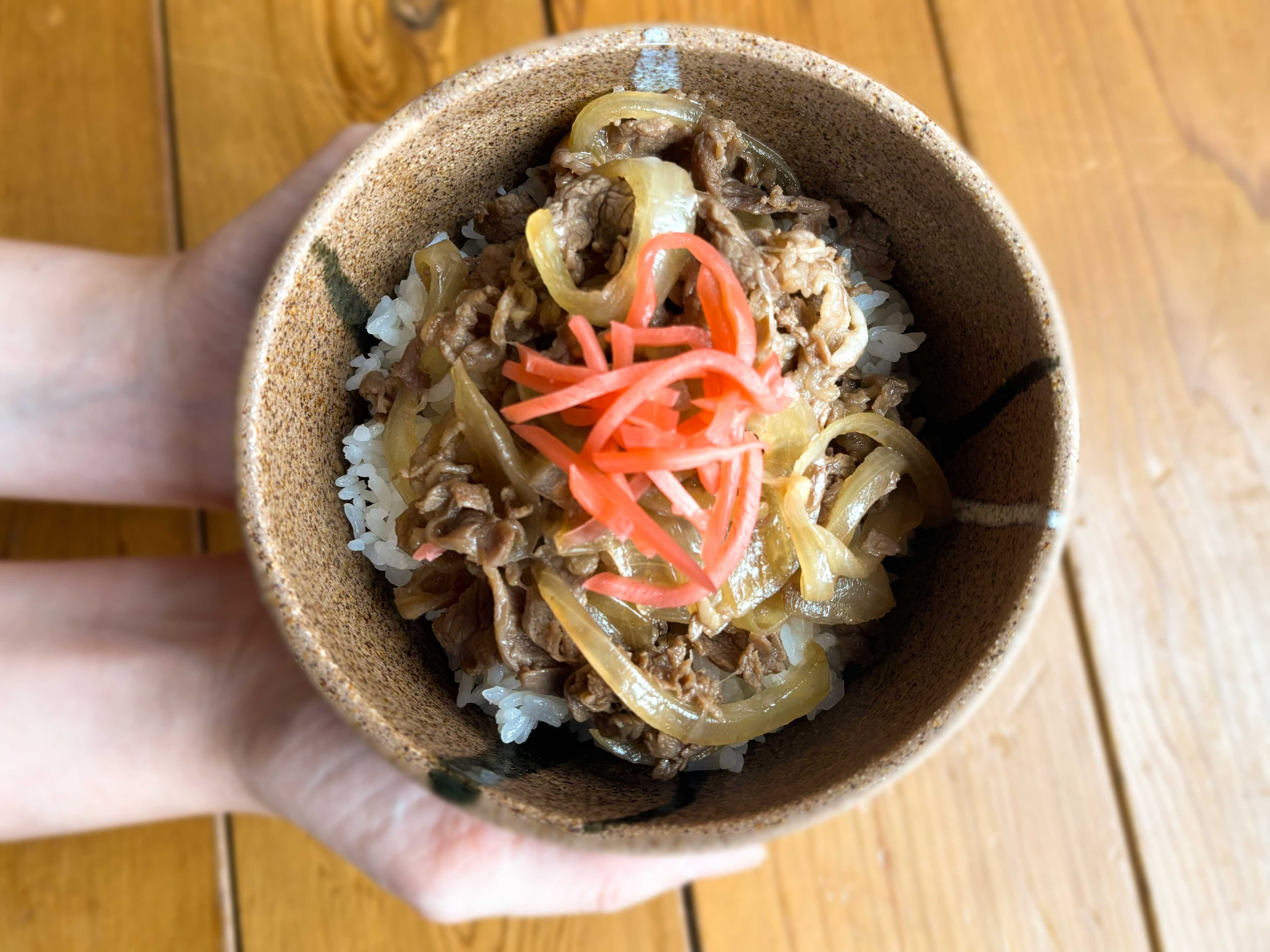 The ubiquitous Japanese beef rice bowlGyudon with side dishe