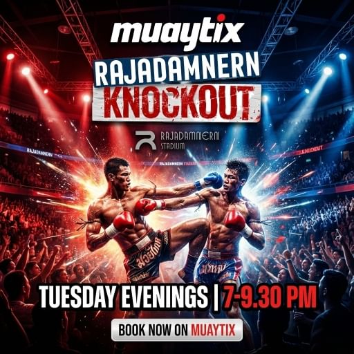 Muay Thai fighters competing at Rajadamnern Stadium during Tuesday Rajadamnern Knockout event, official tickets available on MuayTix.