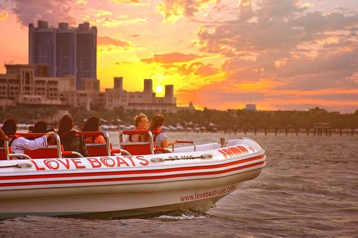 Sunset speed run to Atlantis! Cruise into the golden hour and witness Dubai's iconic coastal architecture from the water on the thrilling Dubai Speedboat: Iconic Marina to Atlantis Adventure Ride!