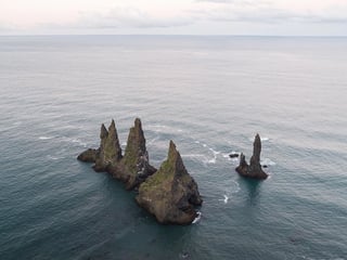 Reynisdrangar sea stacks, aerial view