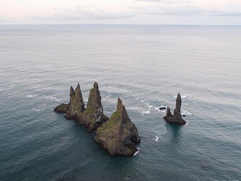 Reynisdrangar sea stacks, aerial view