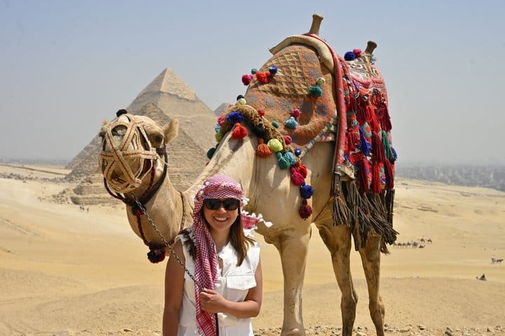 Camel wearing colorful Bedouin-style harness near the Egyptian pyramids