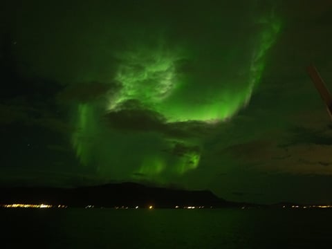 Bright green Northern Lights stretching across the night sky above the sea