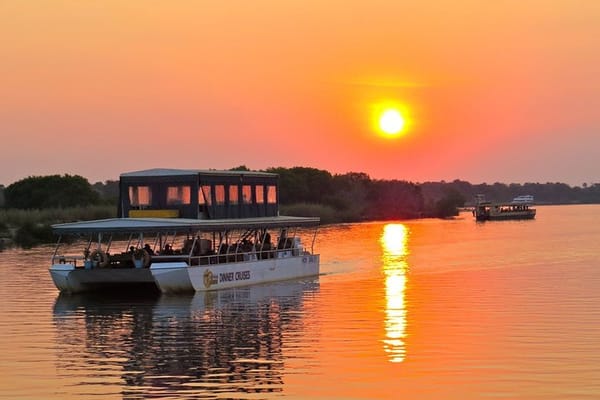 The best way to enjoy an African Sunset on the Mighty Zambezi River.