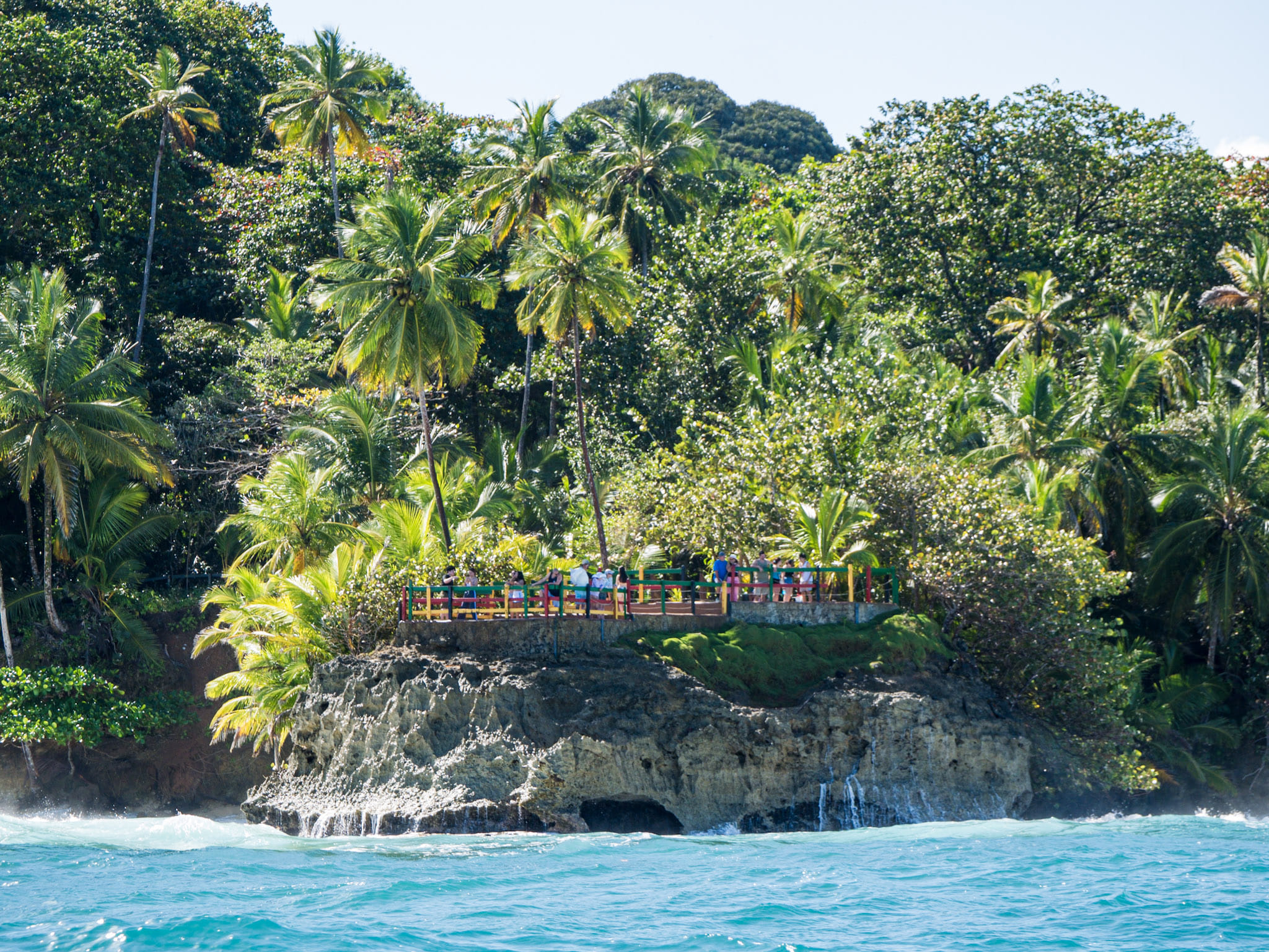 Manzanillo viewpoint overlooking the Caribbean Sea, surrounded by tropical rainforest on Costa Rica's southern Caribbean coast.