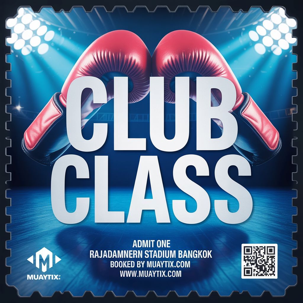 Club Class Muay Thai ticket at Rajadamnern Stadium Bangkok with boxing gloves, arena lights, and MuayTix logo